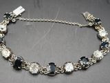 silver bracelet with blue and white glass beads and silver chain