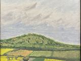an oil painting of a field with a hill in the background