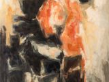 une peinture à l'huile représentant un homme assis sur une chaise, avec un parapluie au-dessus de la tête