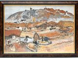 a picture of a painting of a village in the country