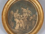 an old picture of a woman and two children in a room