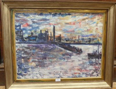 an oil painting of a city skyline in a gold frame