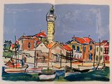 a picture of a painting of a lighthouse in the water
