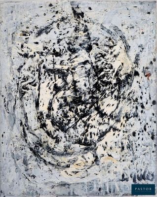une peinture abstraite réalisée à la peinture noire et blanche sur fond blanc