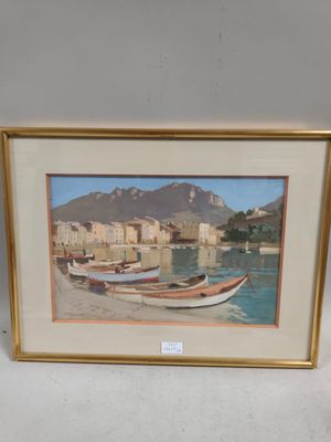 painting of boats in a harbor with a mountain in the background