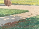 a painting of a person walking down a path