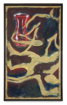 painting of a red vase on a brown background with yellow lines