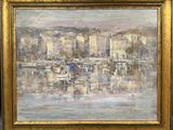 une peinture à l'huile représentant des bateaux dans un port avec des bâtiments à l'arrière-plan