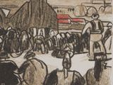 a drawing of a group of people standing in front of a church