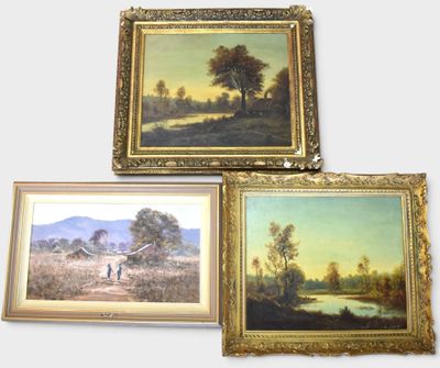 three framed paintings of a man and a dog in a field