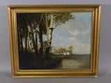 a painting of a landscape with trees and a house in the distance