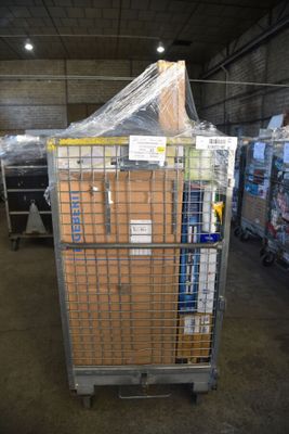 a cart with a lot of boxes on it in a warehouse