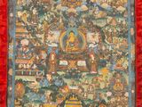 an image of a painting of buddhas in a red frame