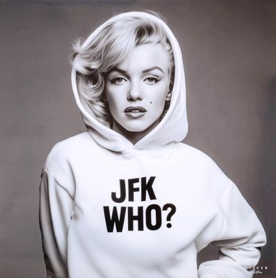 photo en noir et blanc d'une femme portant un sweat à capuche sur lequel est inscrit « jfk who ? »