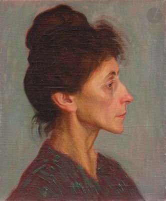 an oil painting of a woman with a bun on her head