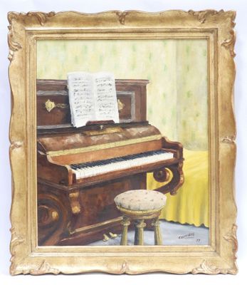 tableau représentant un piano et un tabouret dans une pièce aux murs jaunes