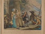 un vieux tableau représentant deux personnes debout devant un bâtiment
