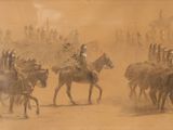 une peinture représentant un groupe de personnes à cheval