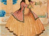 un tableau représentant une femme en robe rose tenant un bol
