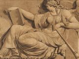 une image représentant le dessin d'une femme assise au sommet d'une statue