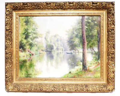 École du XXe siècle. Vue de l'étang et barque. - Photo 1