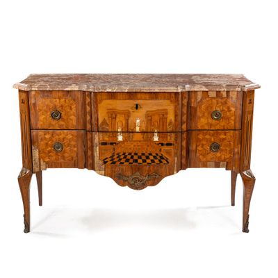a marble top sideboard with drawers and a checkerboard top