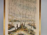 un tableau représentant un paysage enneigé avec des arbres et une clôture