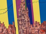 a picture of a painting of a city with a clock tower