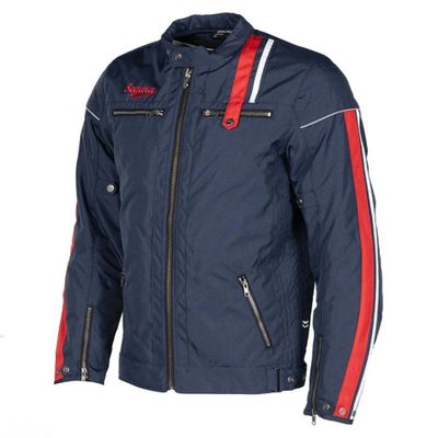 the jacket is blue with red and white stripes on it