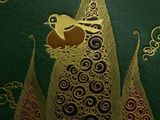 painting of a bird sitting on top of a leaf covered hill