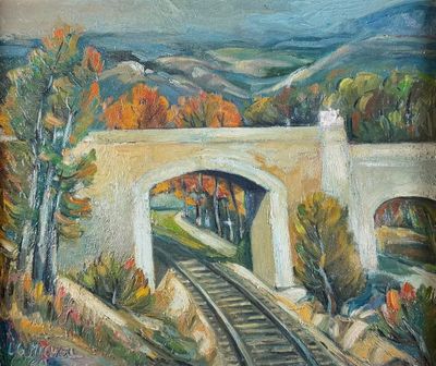 une peinture à l'huile représentant une voie ferrée passant sous un pont
