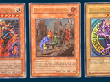 three cards with different designs on them on a blue background