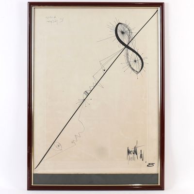 œuvre d'art encadrée représentant un dessin d'un personnage en noir et blanc sur fond blanc