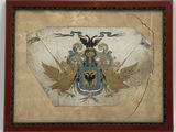 peinture représentant un blason orné de deux oiseaux