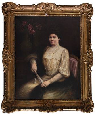 un vieux tableau représentant une femme en robe blanche tenant un couteau
