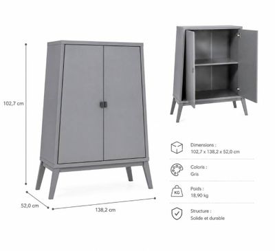 une image représentant une armoire grise avec une porte et des étagères