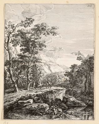 a black and white drawing of a wooded landscape with trees