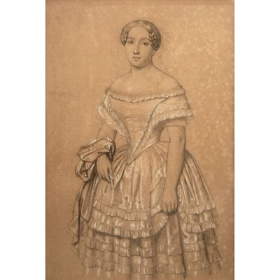 un dessin représentant une femme en robe et avec un chapeau