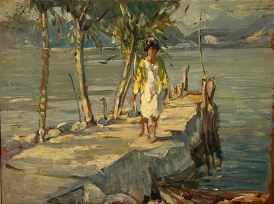 un tableau représentant une femme marchant sur une jetée au bord de l'eau