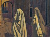 a painting of two women walking down the street