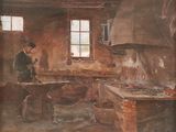 tableau représentant un homme travaillant dans une cuisine équipée d'une grande cuisinière