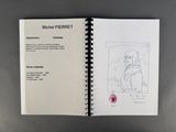 an open book with a drawing of a man sitting in a chair