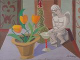 a painting of a woman sitting on a chair next to a vase of flowers