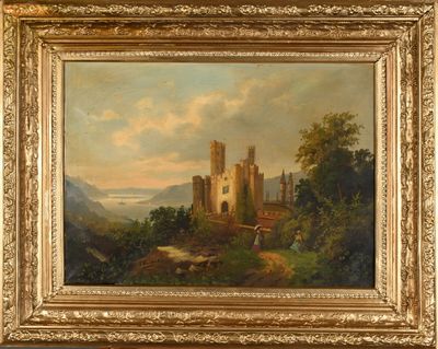 an oil painting of a castle on a hill with a river in the foreground