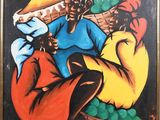 a painting of a man sitting on top of a pile of fruit