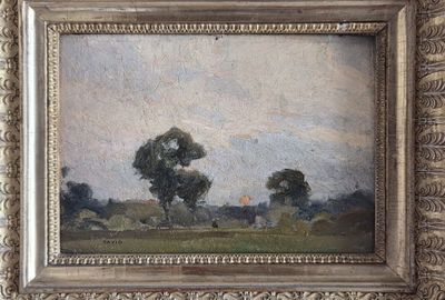 une peinture à l'huile d'un paysage avec des arbres dans un cadre doré
