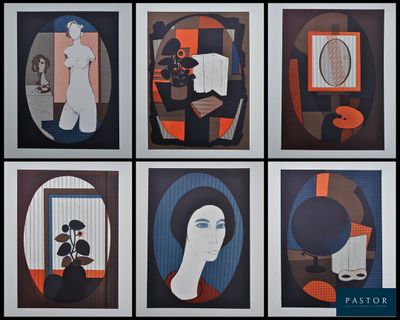 six different paintings of a woman in a mirror and a man in a bathrobe