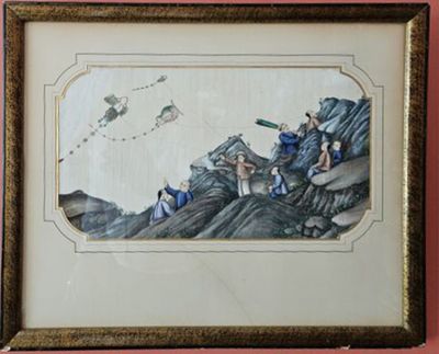 tableau représentant un groupe de personnes faisant voler des cerfs-volants dans le ciel