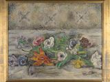 un tableau représentant des fleurs, encadré dans un cadre en bois, accroché au mur