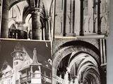 several black and white photos of a building with arches and arches